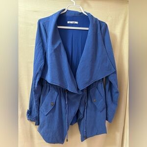 Christy & Co. Royal Blue Waterfall Jacket – Size M Tie Waist Button Closure